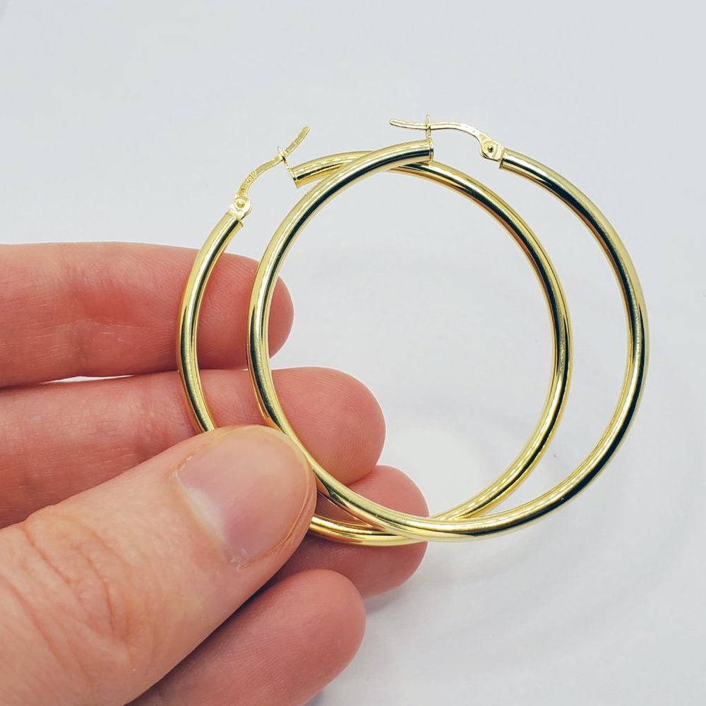 10K Yellow Gold Hoop Earrings 40mm, Simple Circle Earrings for Women